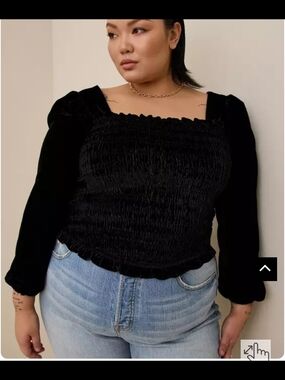 torrid Size 5 Black Velvet Smocked Square-Neck Long Blouson Sleeve Crop Top